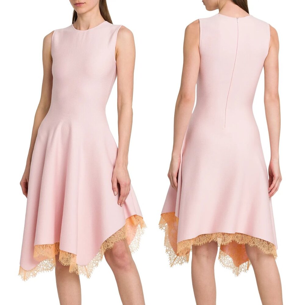 Alexander McQueen Asymmetric Wool-Blend Lace Trim Midi Dress, Light Pink, XS